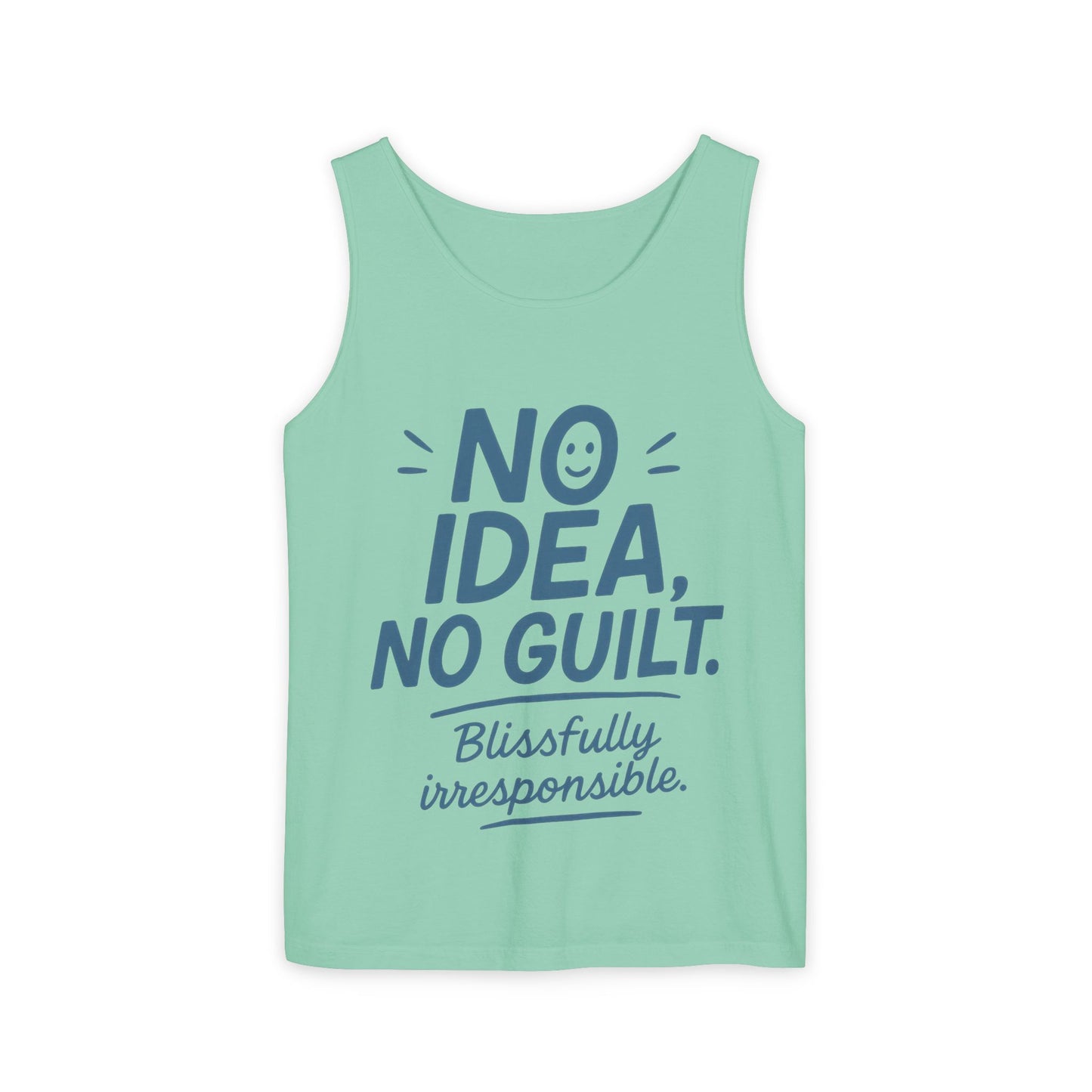 Mens Funny Tank Top, No Idea No Guilt Quote, Blissfully Irresponsible Gym Shirt, Casual Sleeveless Top, , Fun Party Shirt