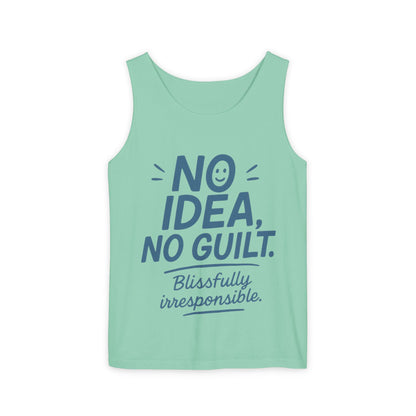 Mens Funny Tank Top, No Idea No Guilt Quote, Blissfully Irresponsible Gym Shirt, Casual Sleeveless Top, , Fun Party Shirt