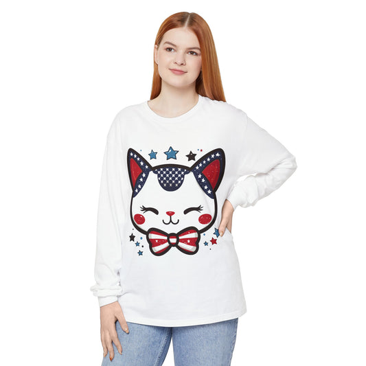 Cute Patriotic Cat Long Sleeve Women's T-Shirt, Fourth of July, Cat Lovers Gift, Casual Wear, Perfect for Holidays and Celebrations