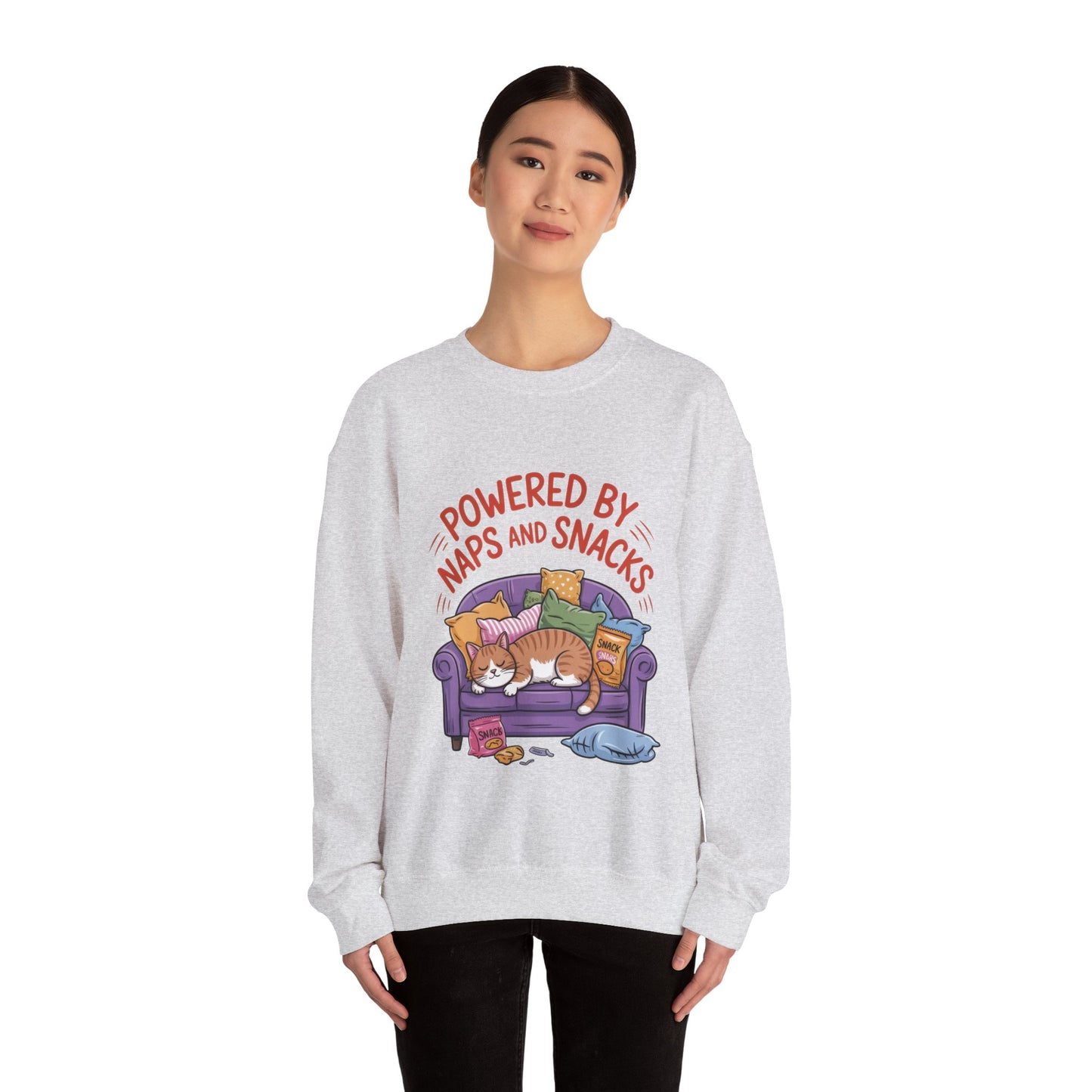 Powered by Naps and Snacks Sweatshirt, Cozy Lounge Crewneck, Gifts for Cat Lovers, Funny Cat Sweatshirt, Casual Everyday Wear