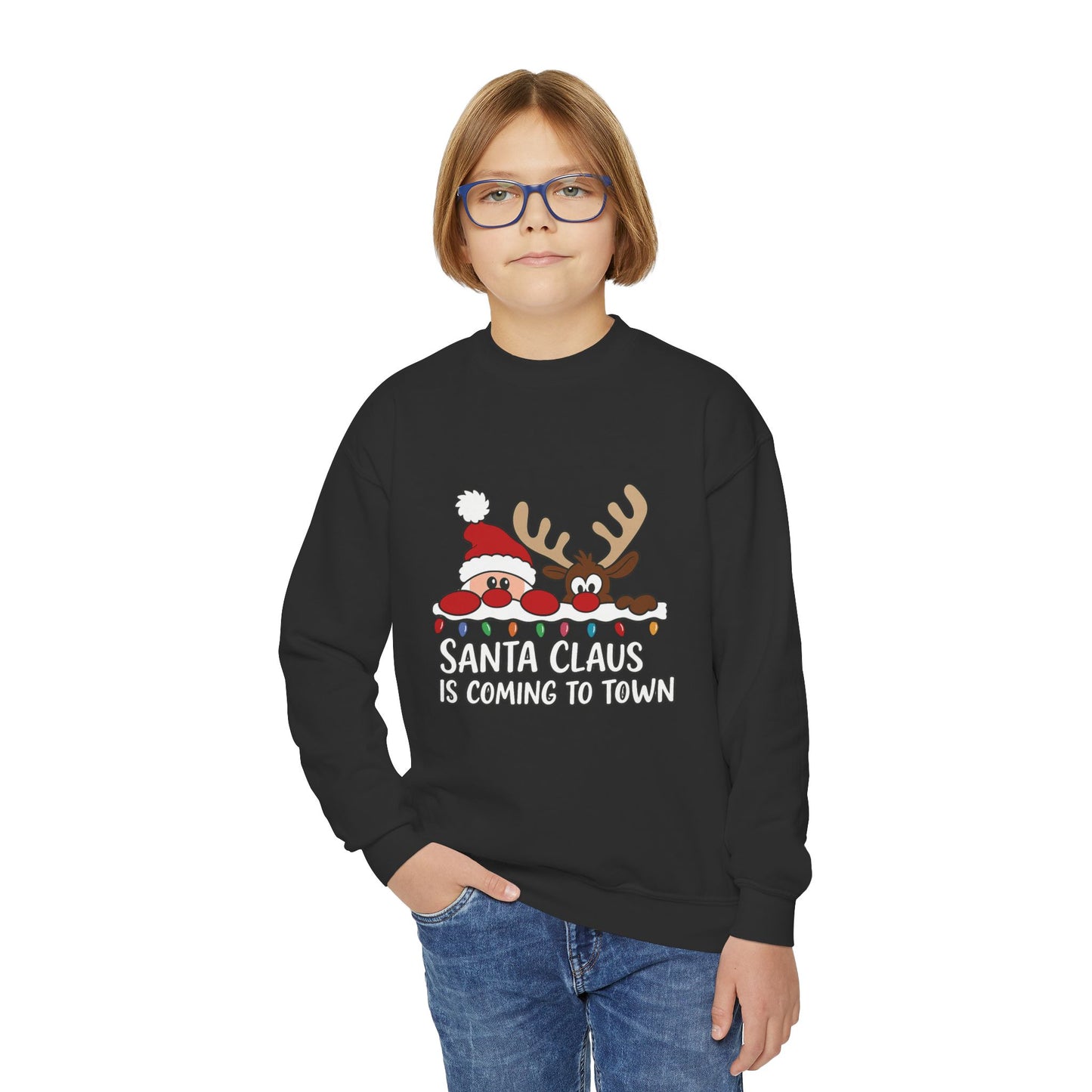 Santa Claus Is Coming to Town Kids Christmas Sweatshirt, Cute Santa - Reindeer Holiday Jumper