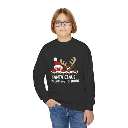 Santa Claus Is Coming to Town Kids Christmas Sweatshirt, Cute Santa - Reindeer Holiday Jumper