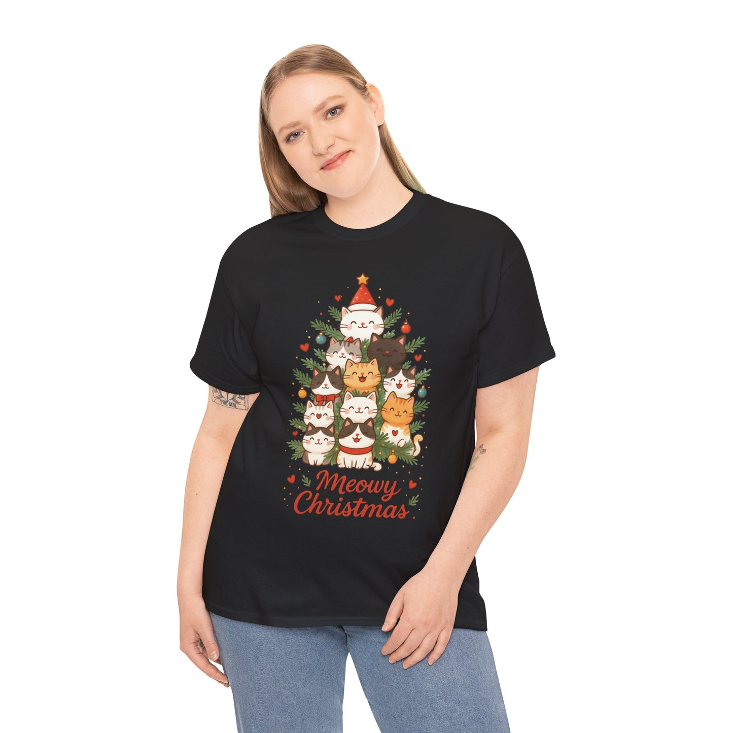 Women's Meowy Christmas Cat T-Shirt, Cute Holiday Kitty Tree Tee