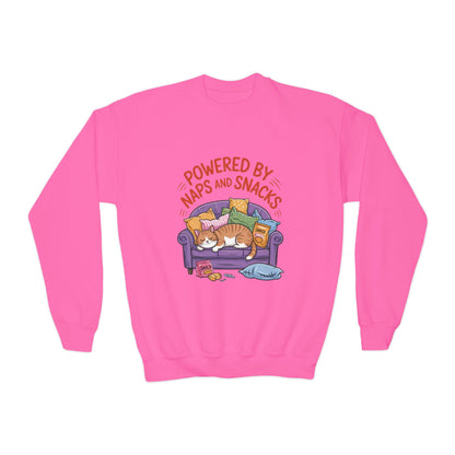 Youth Sweatshirt - Powered by Naps and Snacks, Cozy Apparel for Kids, Perfect for Chill Days, Gift for Cat Lovers, Funny Sweatshirt