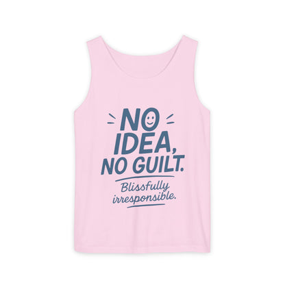 Womens No Guilt Tank Top, No Idea Funny Quote, Blissfully Irresponsible Workout Tee, Casual Sleeveless Top, Summer Activewear, Relaxed Style