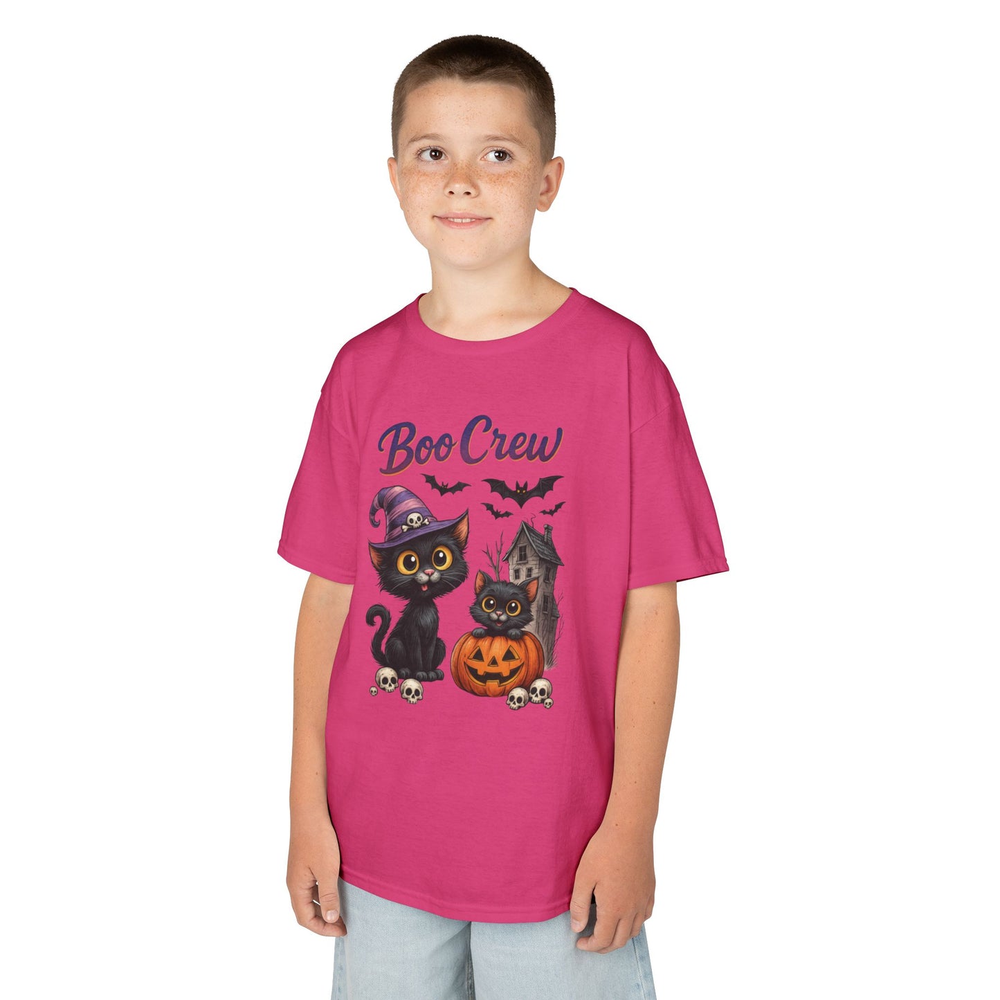 Boo Crew Kids Halloween T-Shirt, Cute Black Cats Pumpkin Design, Fun Spooky Shirt for Girls Boys