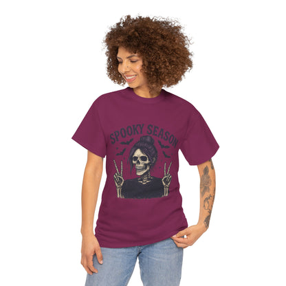 Spooky Season Women's T-Shirt, Funny Skeleton Girl Halloween Graphic Tee, Gothic Fall Shirt