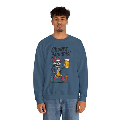 Cheers Mortals! Mens Crewneck Sweatshirt, Skeleton Beer Pullover with Hood, Drinking Humor Sweatshirt, Party Gift for Him, Halloween Apparel