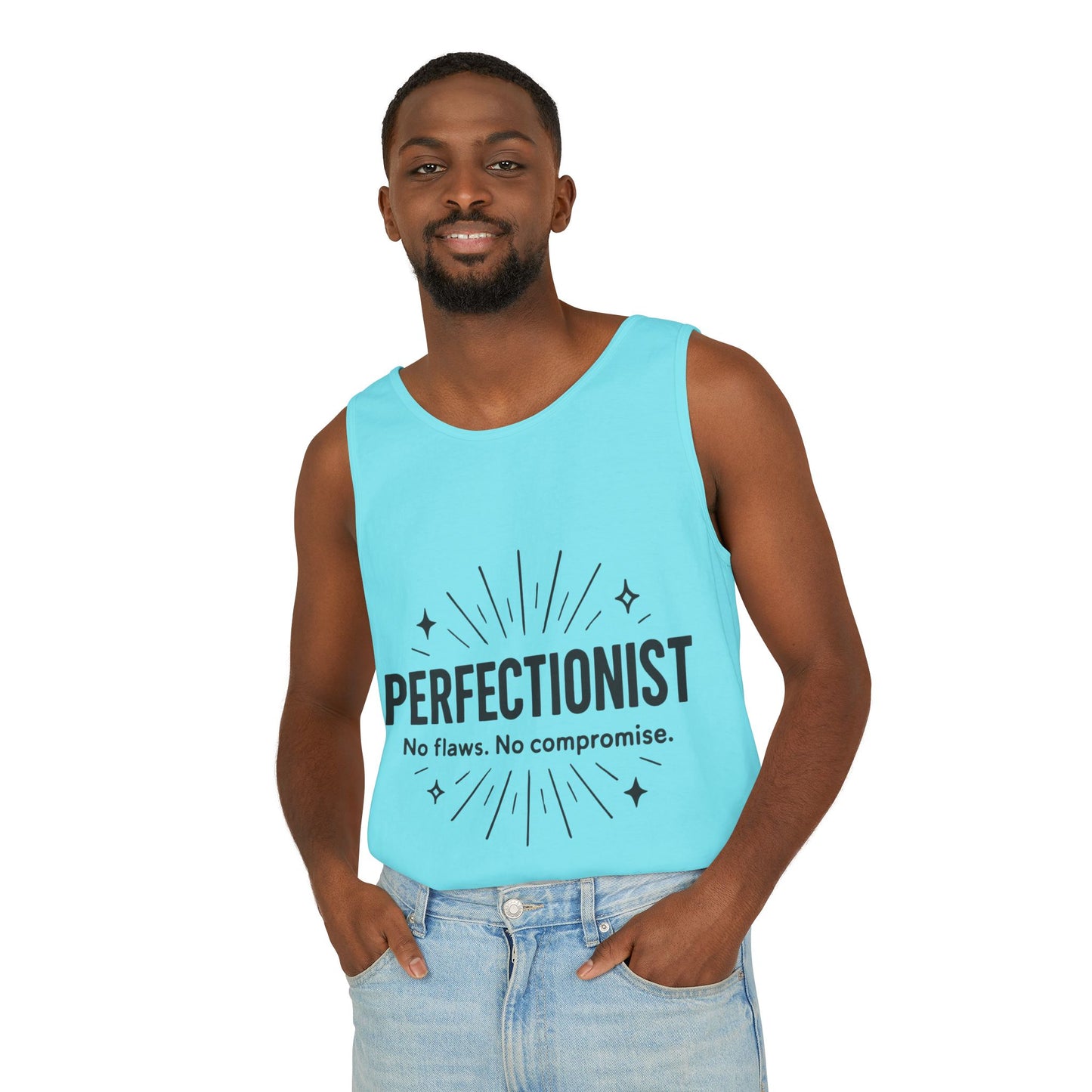 Mens Perfectionist Tank Top, No Flaws No Compromise, Minimal Bold Graphic Tee, Gift for OCD, Clean Freak, or Detail-Oriented Men