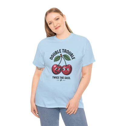 Double Trouble Cherry Graphic Tee, Funny Cute Womens T-Shirt, Twice the Sass Quote Shirt, Sassy Cherry Cartoon Gift