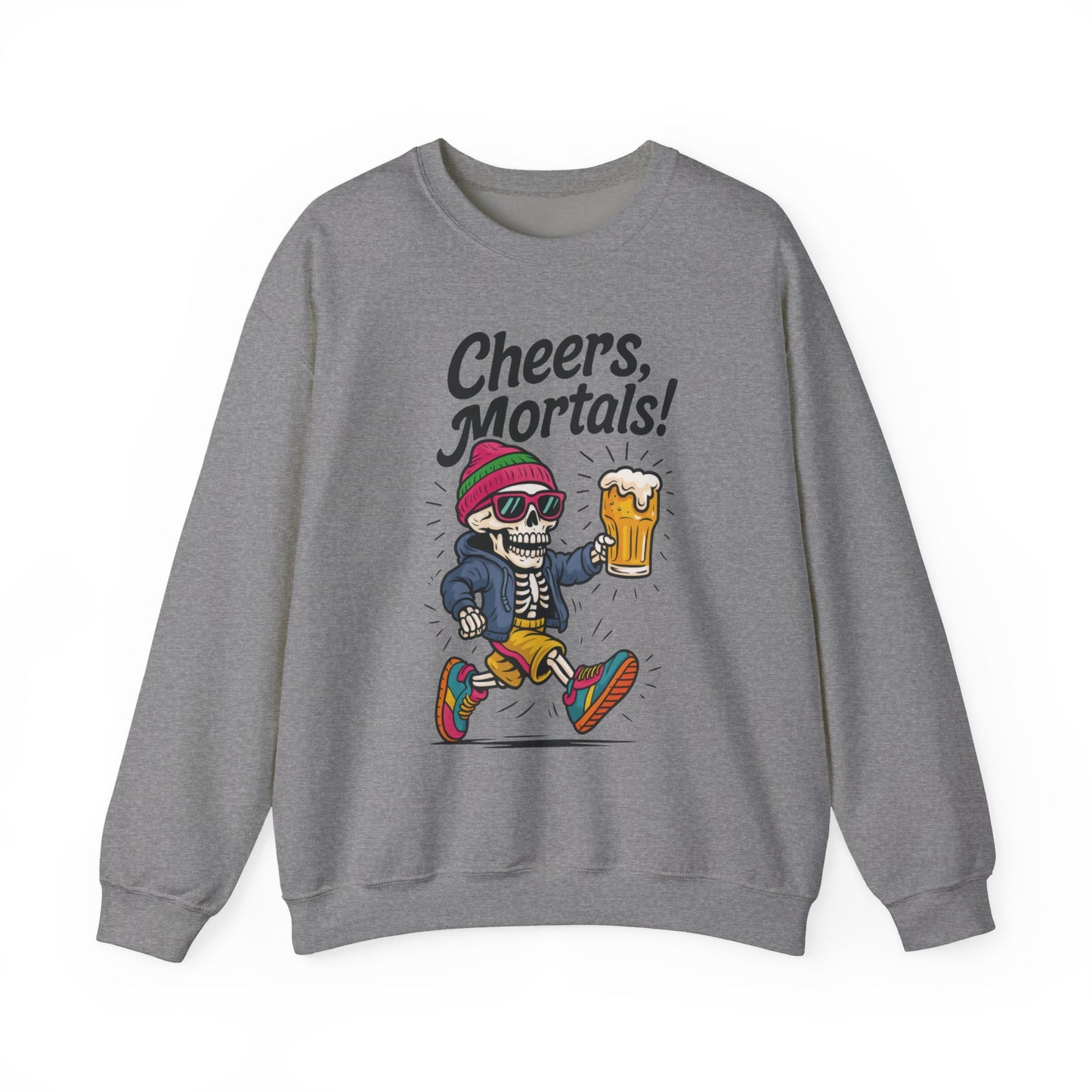 Cheers Mortals! Mens Crewneck Sweatshirt, Skeleton Beer Pullover with Hood, Drinking Humor Sweatshirt, Party Gift for Him, Halloween Apparel