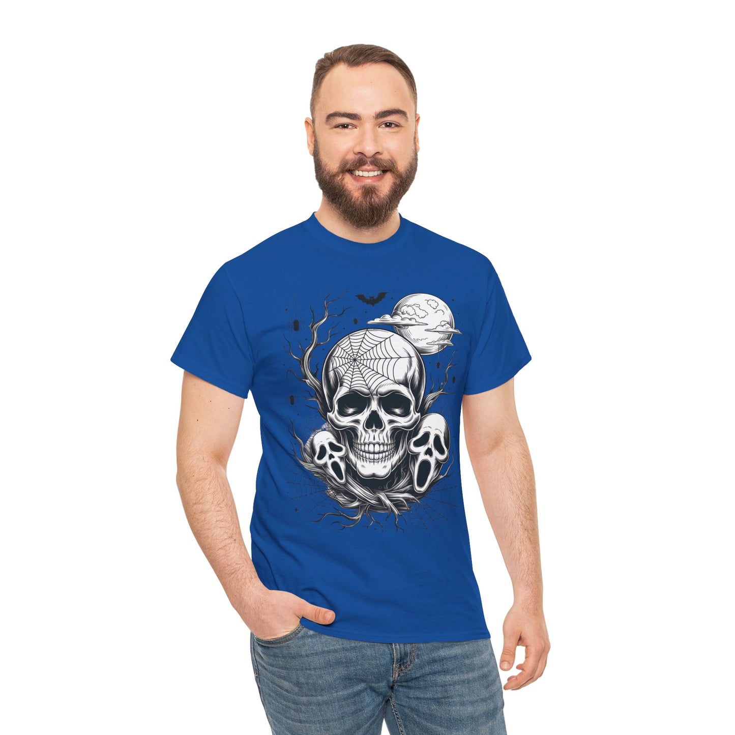 Men's Gothic Skull T-Shirt, Halloween Graphic Tee, Spider Web & Moon Horror Shirt, Spooky Skull Graphic Top for Him