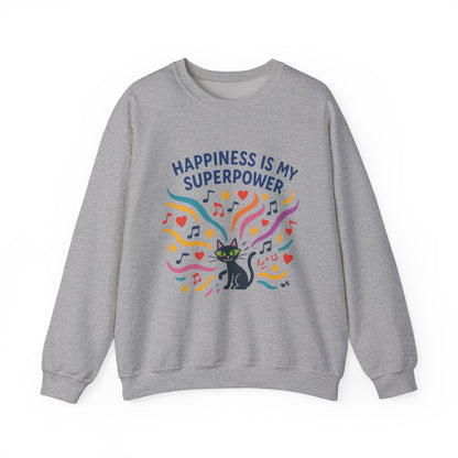 Playful Cat Crewneck Womens Sweatshirt, Happiness is My Superpower, Cozy Sweatshirt, Gift for Cat Lovers, Fun Casual Style, Unique Animal Design