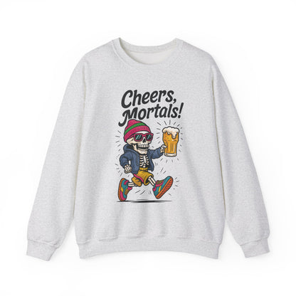 Cheers Mortals! Mens Crewneck Sweatshirt, Skeleton Beer Pullover with Hood, Drinking Humor Sweatshirt, Party Gift for Him, Halloween Apparel