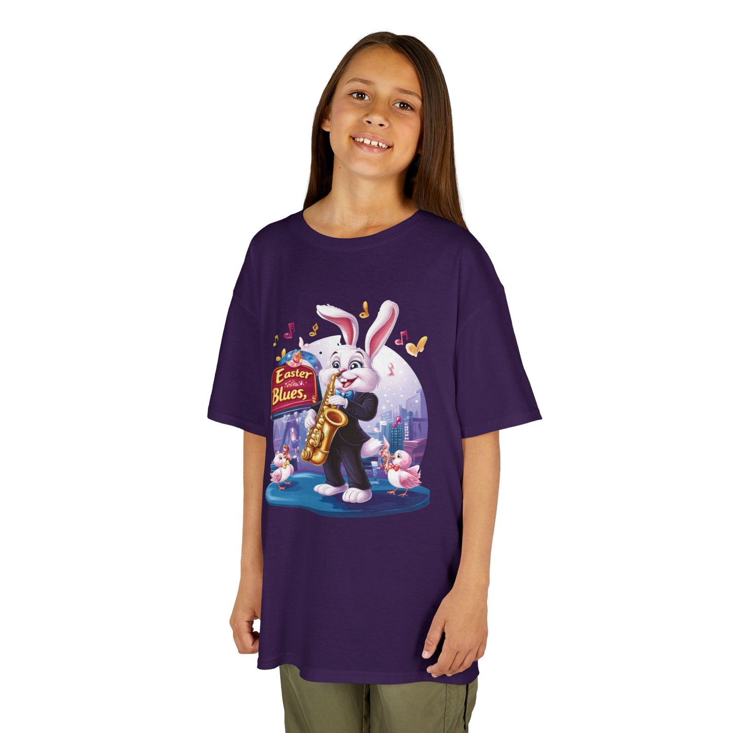 Easter Blues Bunny Kids T-Shirt - Cute Jazz Music Themed Tee for Boys and Girls, Fun Spring Gift, Bunny Playing Saxophone Design