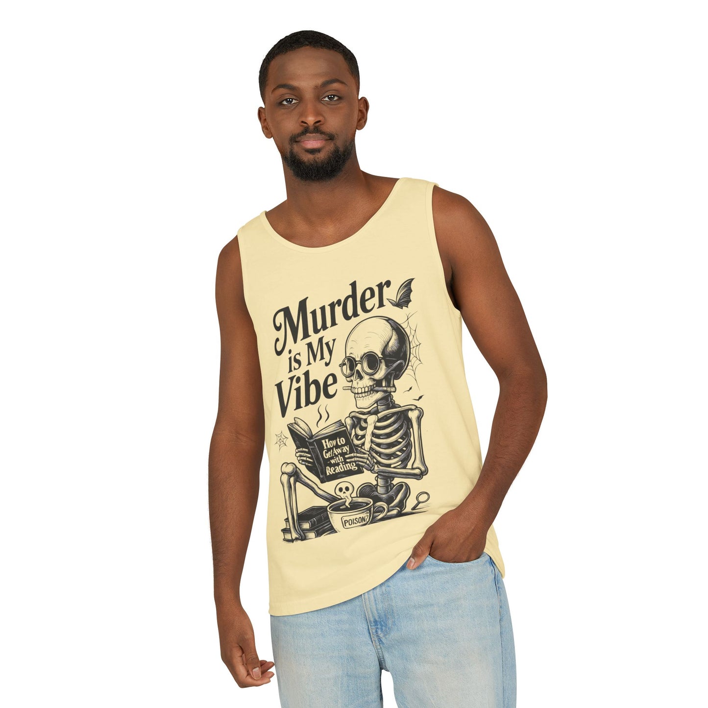 Murder Is My Vibe Tank Top, Mens Goth Tank, Halloween Clothing, Skeleton Graphic Tee, Cozy Casual Wear, Quirky Gift Idea
