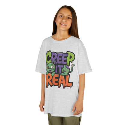 Creep It Real Kids Halloween Shirt, Cute Zombie Cat Graffiti Style T-Shirt for Boys & Girls