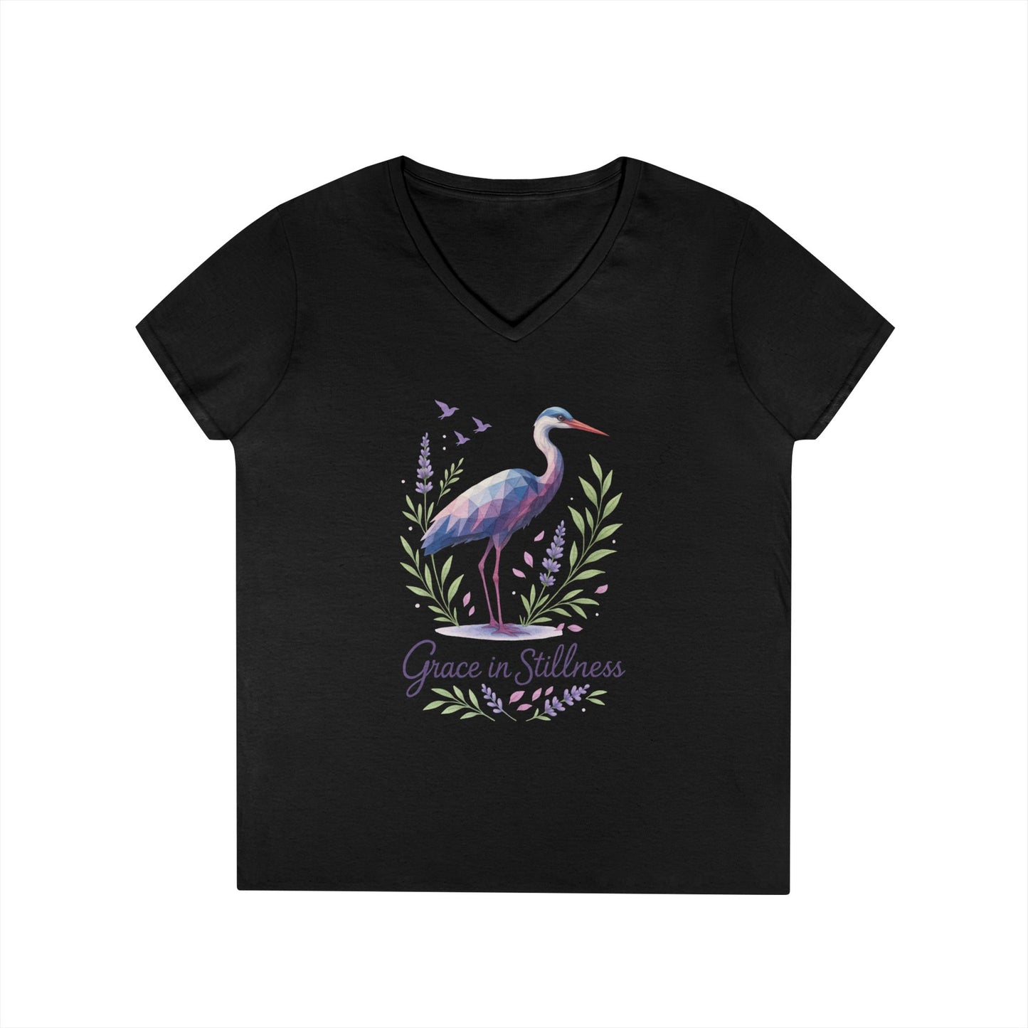 Ladies' V-Neck T-Shirt with Heron Design - Grace in Stillness, Relaxed Fit, Nature-Inspired Gift, Travel Tee, Summer Fashion