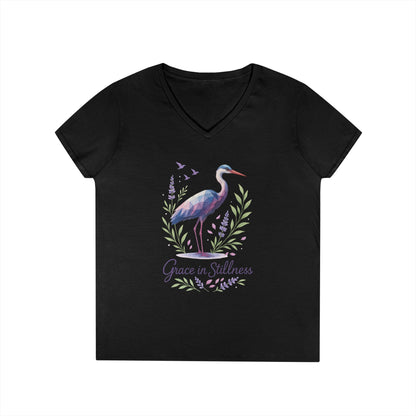 Ladies' V-Neck T-Shirt with Heron Design - Grace in Stillness, Relaxed Fit, Nature-Inspired Gift, Travel Tee, Summer Fashion
