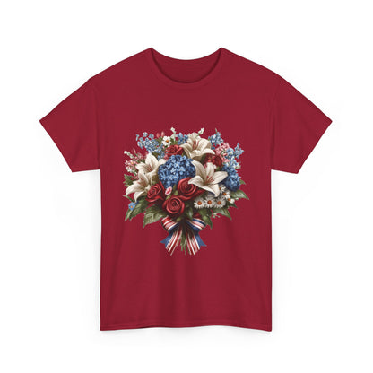 Patriotic Floral Bouquet T-Shirt, Red White Blue Flower Graphic Tee, USA Pride Shirt, Unisex Heavy Cotton Tee