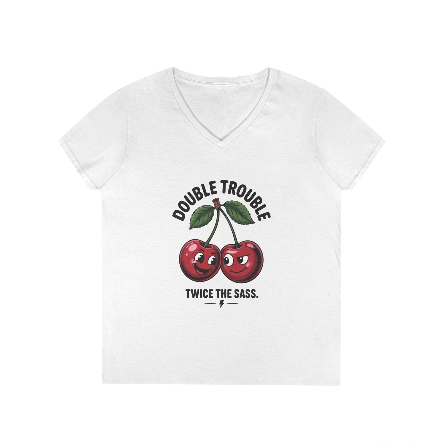 Double Trouble Cherry Ladies V-Neck T-Shirt, Funny Cute Womens T-Shirt, Twice the Sass Quote Shirt, Sassy Cherry Cartoon Gift