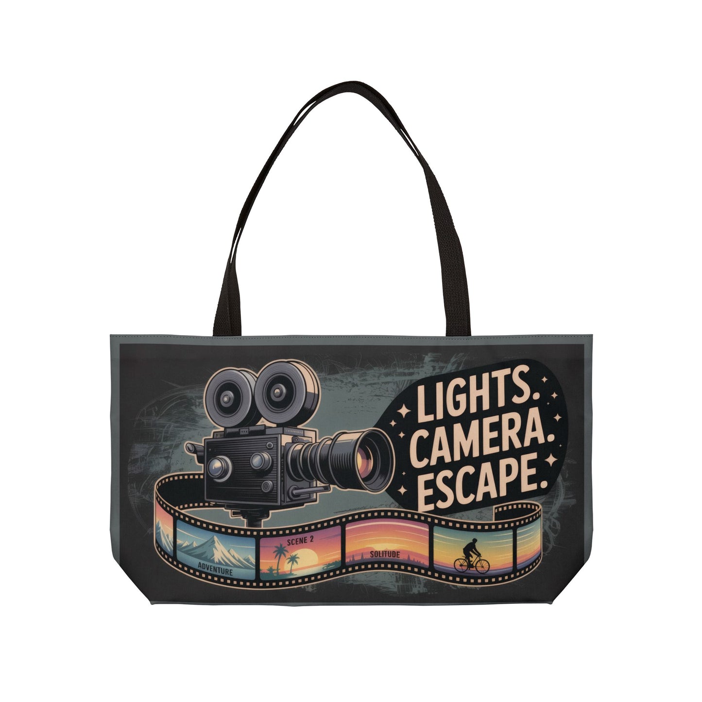 Lights Camera Escape Weekender Tote Bag, Travel Carry-All, Summer Beach Bag, Movie Lover Gift, Weekend Getaway Accessories