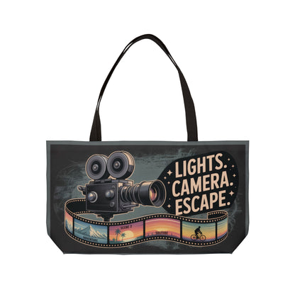 Lights Camera Escape Weekender Tote Bag, Travel Carry-All, Summer Beach Bag, Movie Lover Gift, Weekend Getaway Accessories