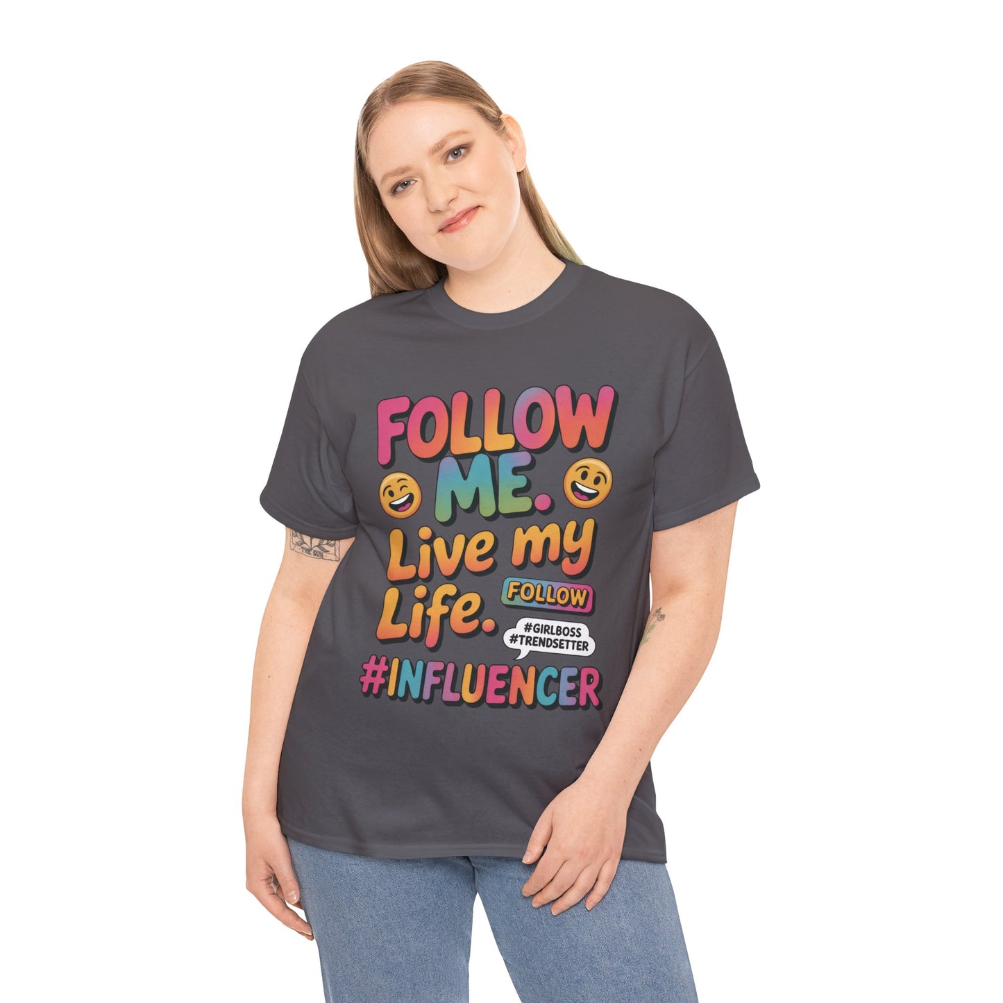 Womens Heavy Cotton Tee, Influencer Graphic Tee, Follow Me Live My Life Shirt, Colorful Trendy GirlBoss T-Shirt, Trendsetter Summer Wear