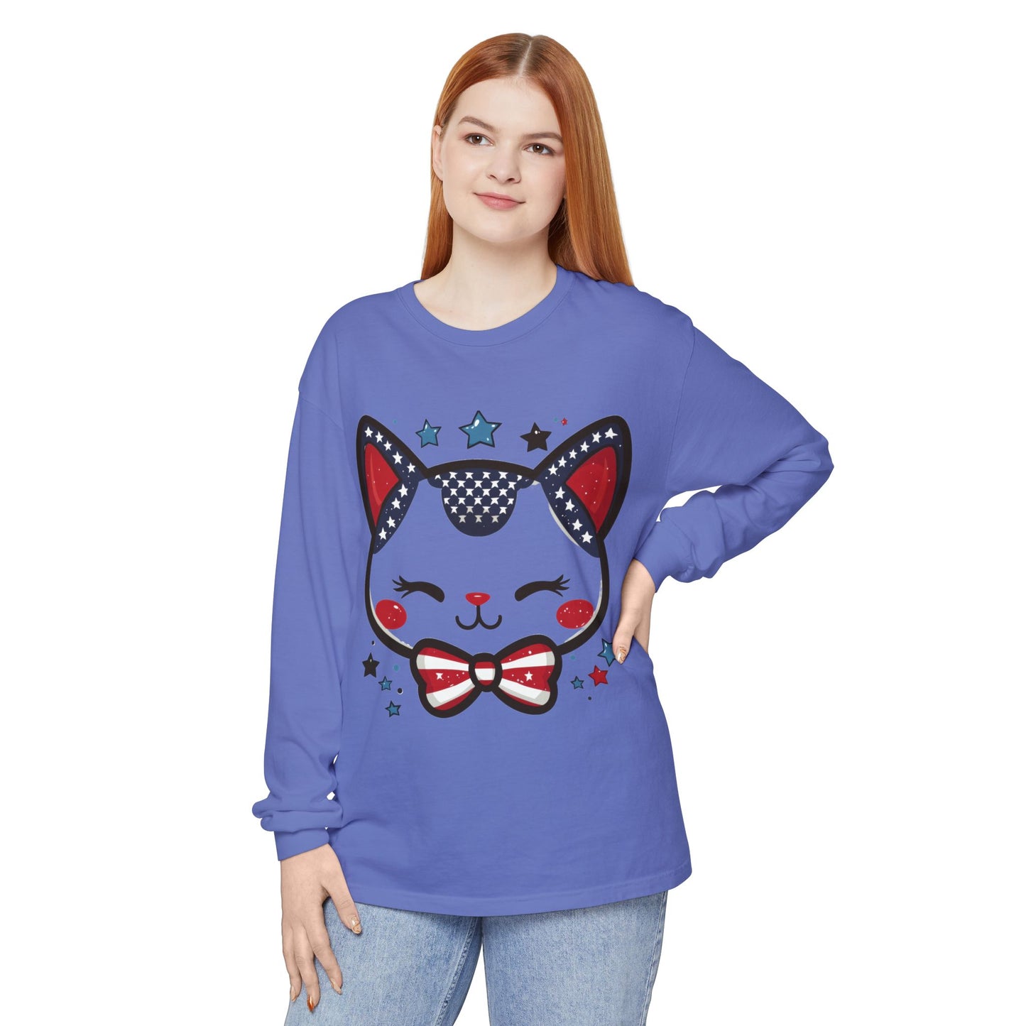 Cute Patriotic Cat Long Sleeve Women's T-Shirt, Fourth of July, Cat Lovers Gift, Casual Wear, Perfect for Holidays and Celebrations