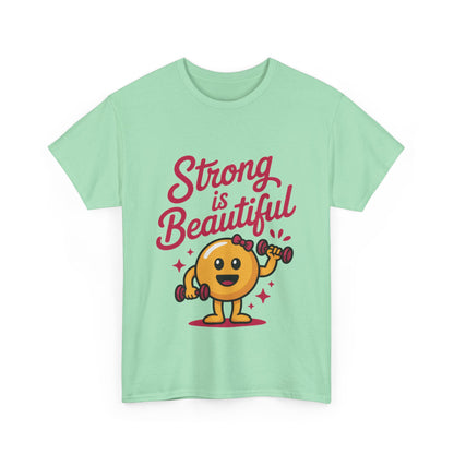 Strong is Beautiful Womens T-Shirt, Cute Fitness Character Graphic Tee, Inspirational Workout Shirt, Gym Motivation Gift for Her