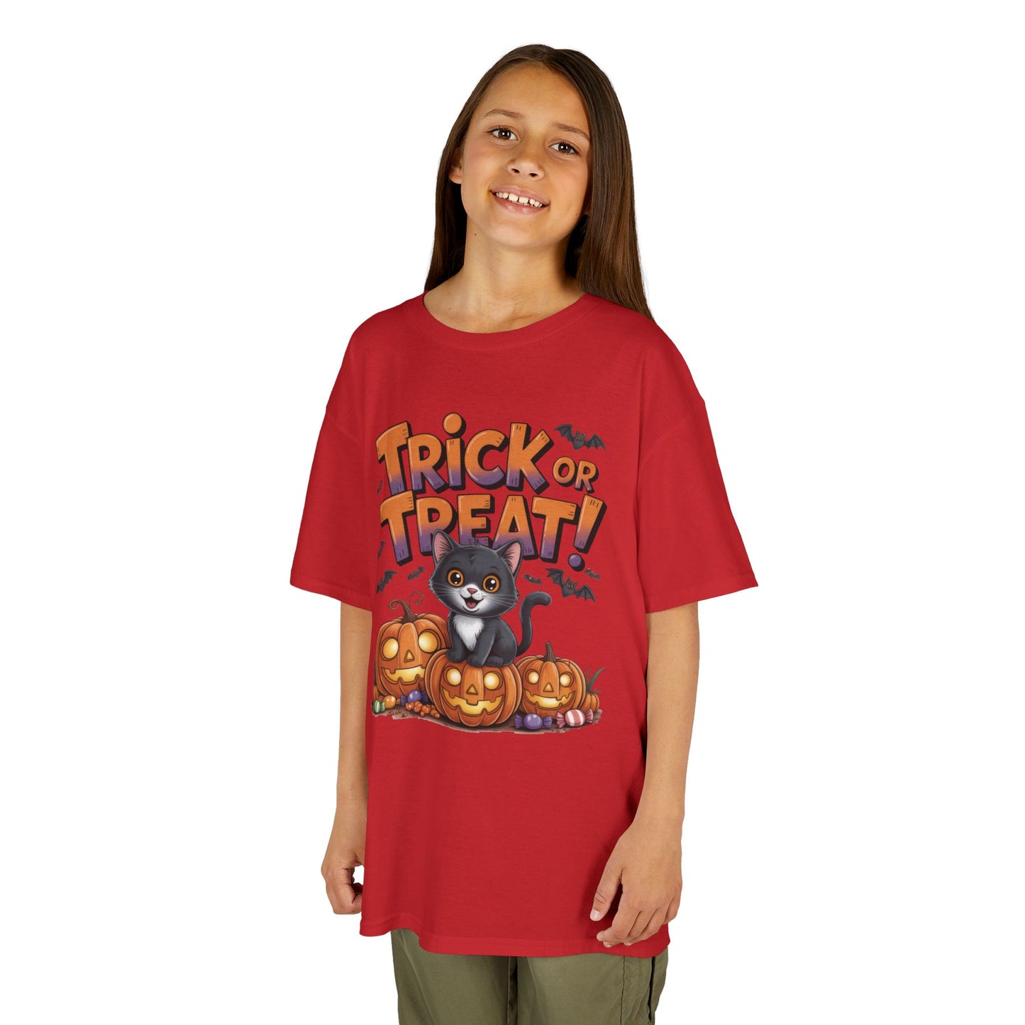 Girls Cute Black Cat Trick or Treat Halloween T-Shirt, Funny Pumpkin Cat Tee, Spooky Fall Shirt for Kids, Matching Family Halloween Shirts