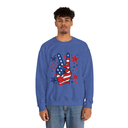 Patriotic Peace Crewneck Sweatshirt - Unisex Heavy Blend, 4th of July Clothing, Peace Sign Design, Casual Wear, Gift for Him/Her