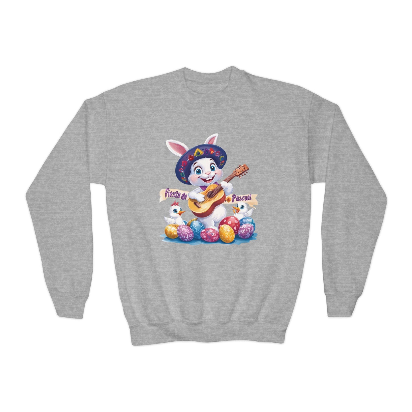 Fiesta de Pascua Bunny Sweatshirt - Mexican Easter Crewneck for Kids, Cute Spring Gift with Guitar Playing Bunny and Colorful Eggs