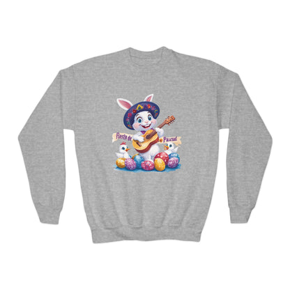 Fiesta de Pascua Bunny Sweatshirt - Mexican Easter Crewneck for Kids, Cute Spring Gift with Guitar Playing Bunny and Colorful Eggs