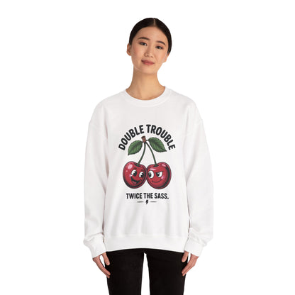 Double Trouble Cherry Sweatshirt, Cute Funny Womens Pullover, Twice The Sass Fruit Graphic Sweater, Playful Red Cherry Crewneck