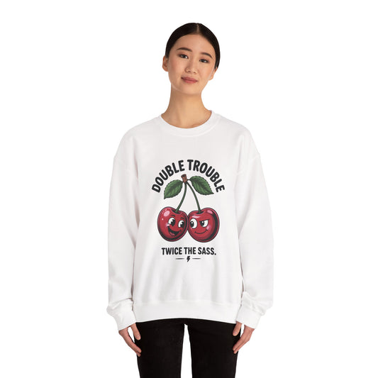 Double Trouble Cherry Sweatshirt, Cute Funny Womens Pullover, Twice The Sass Fruit Graphic Sweater, Playful Red Cherry Crewneck