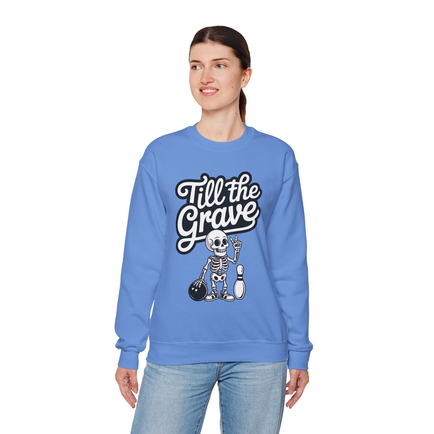 Funny Skeleton Bowling Sweatshirt, Womens Crewneck, Halloween Gift, Casual Wear, Till the Grave Sweatshirt, Bowling Lover Apparel
