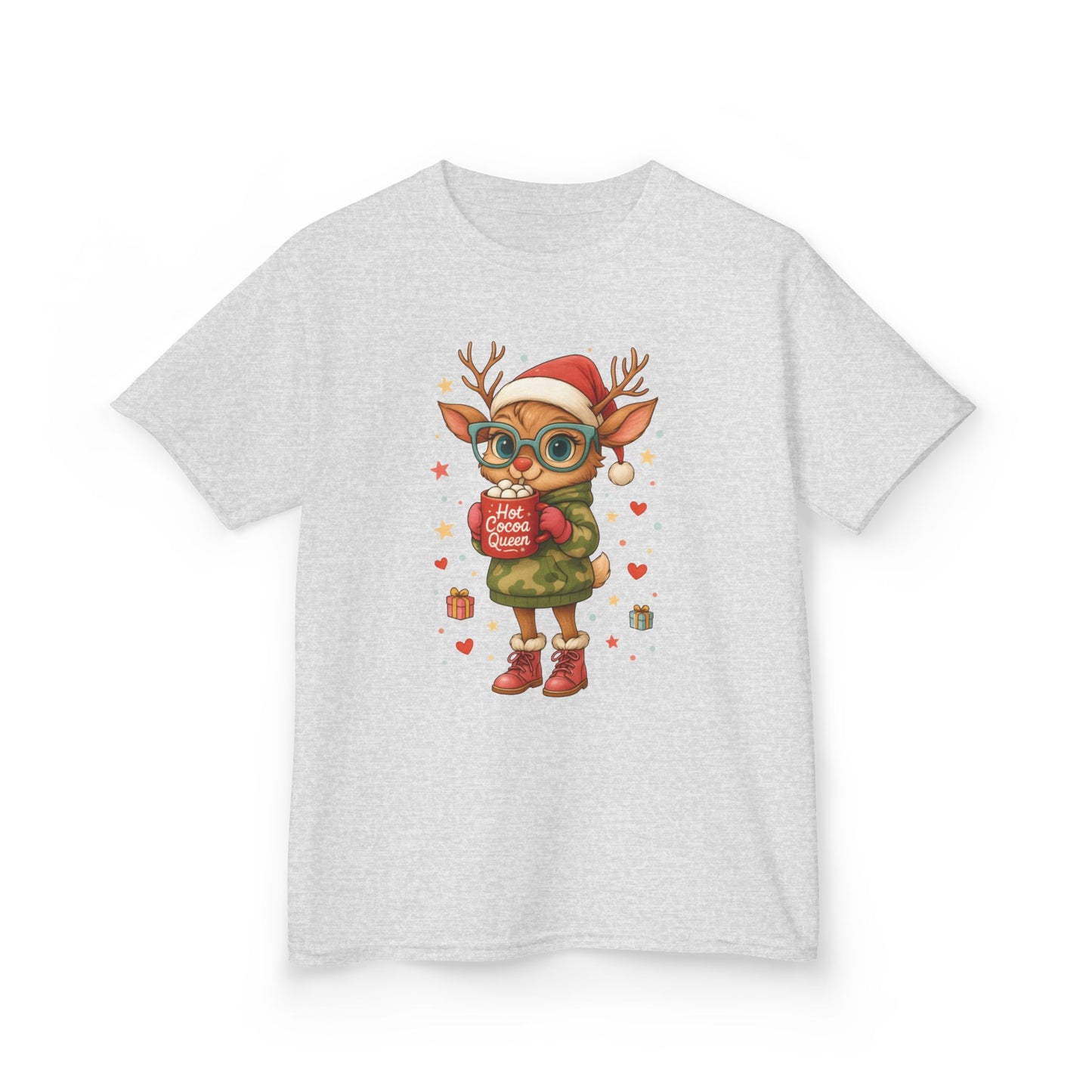 Hot Cocoa Queen Christmas T-Shirt for Girls, Cute Holiday Reindeer Tee