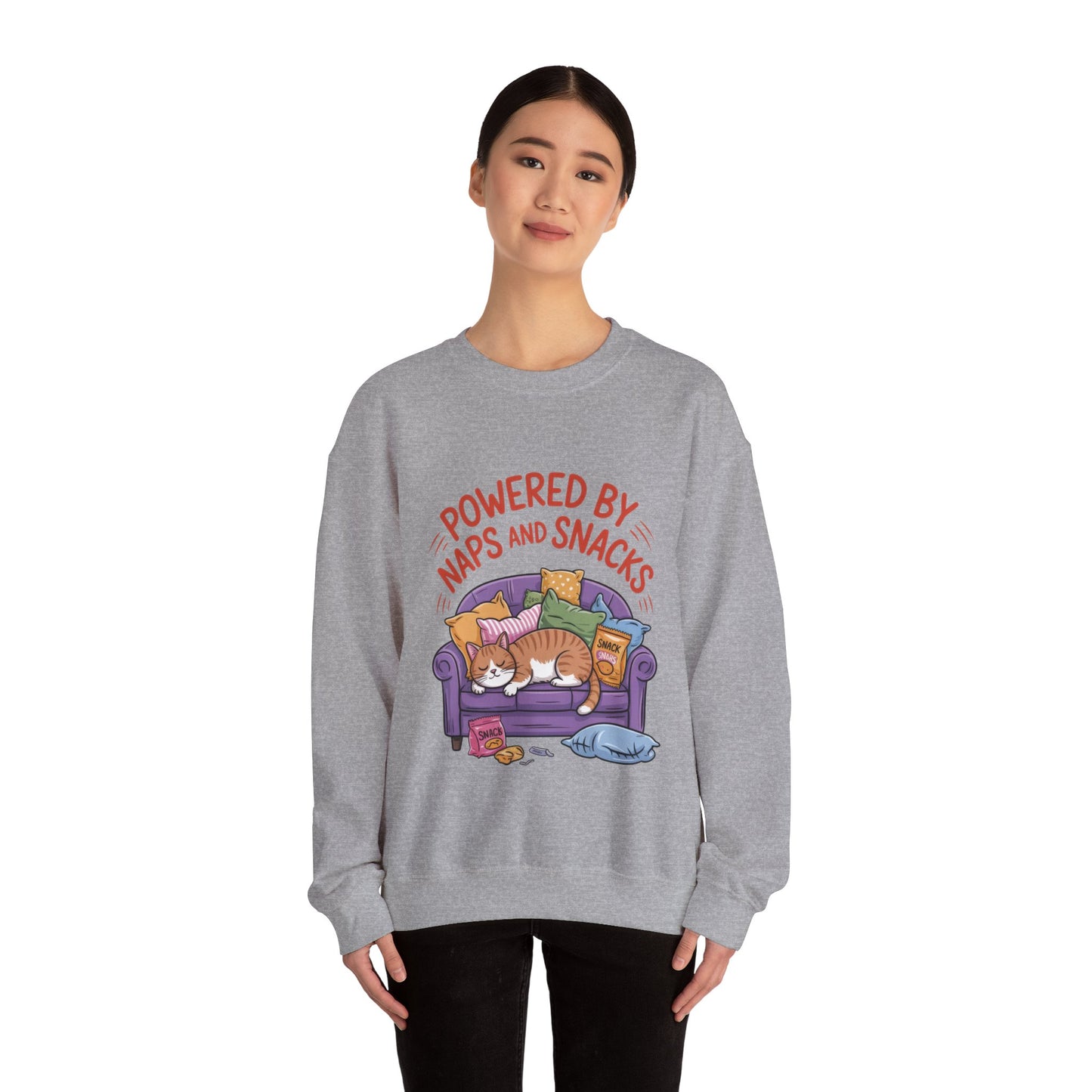 Powered by Naps and Snacks Sweatshirt, Cozy Lounge Crewneck, Gifts for Cat Lovers, Funny Cat Sweatshirt, Casual Everyday Wear