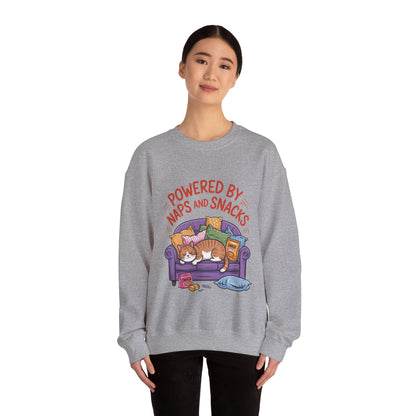 Powered by Naps and Snacks Sweatshirt, Cozy Lounge Crewneck, Gifts for Cat Lovers, Funny Cat Sweatshirt, Casual Everyday Wear