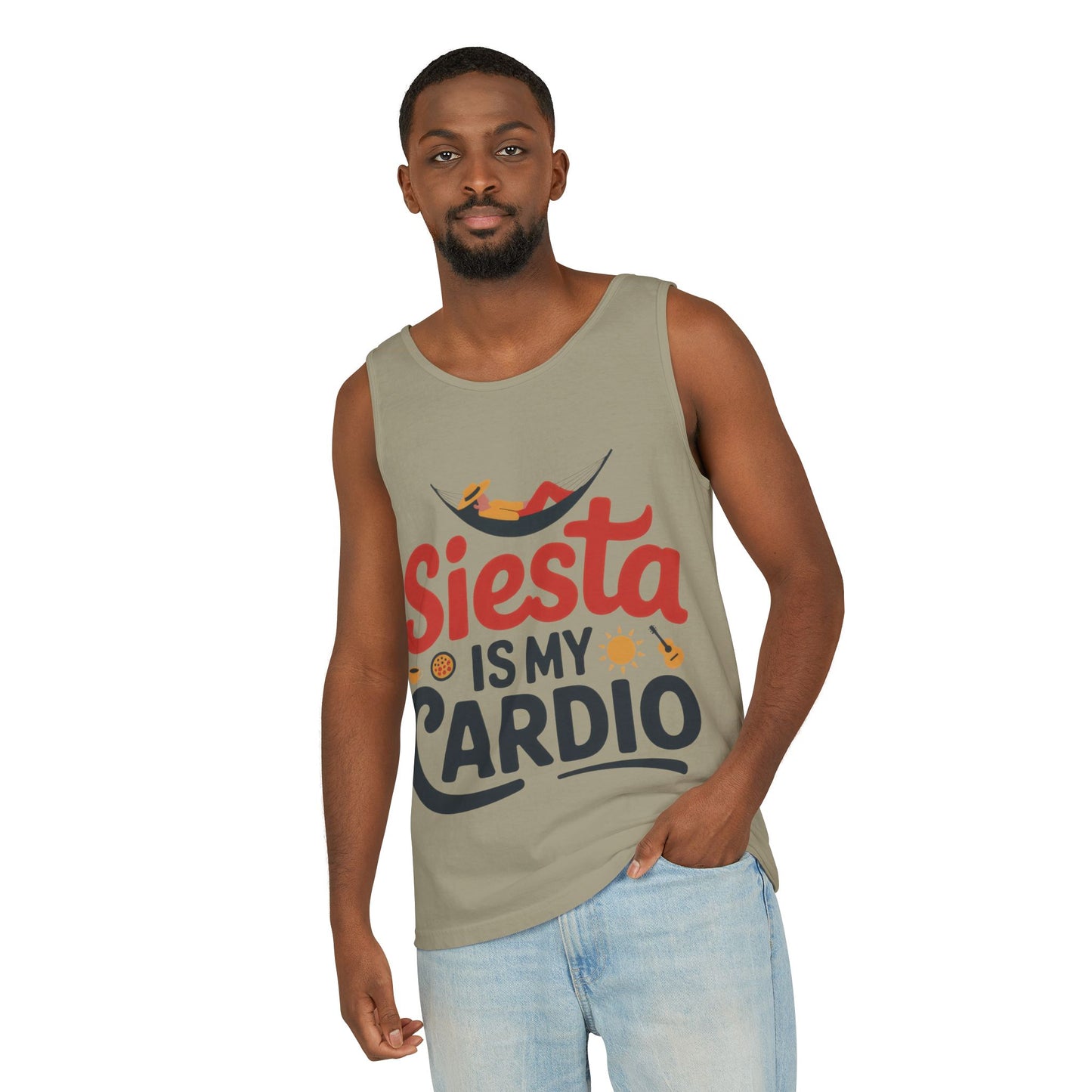 Mens Garment-Dyed Tank Top, Siesta Is My Cardio Funny Mens Tank Top Spain Humor