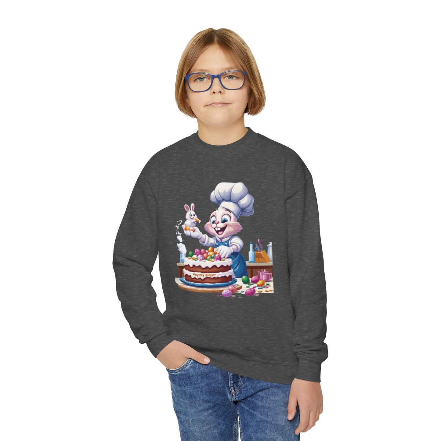 Hoppy Baker Easter Bunny Youth Sweatshirt - Cute Spring Crewneck for Kids with Chef Bunny and Cake, Fun Holiday Gift for Easter Lovers