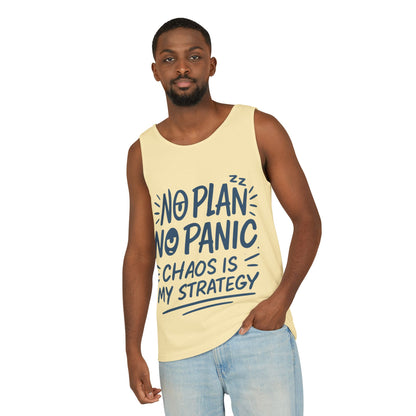 Funny Chaos Quote Mens Tank Top, No Plan No Panic Humor Shirt, Casual Graphic Tee Gift for Him, Relaxed Fit, Workout Gym Humor Shirt