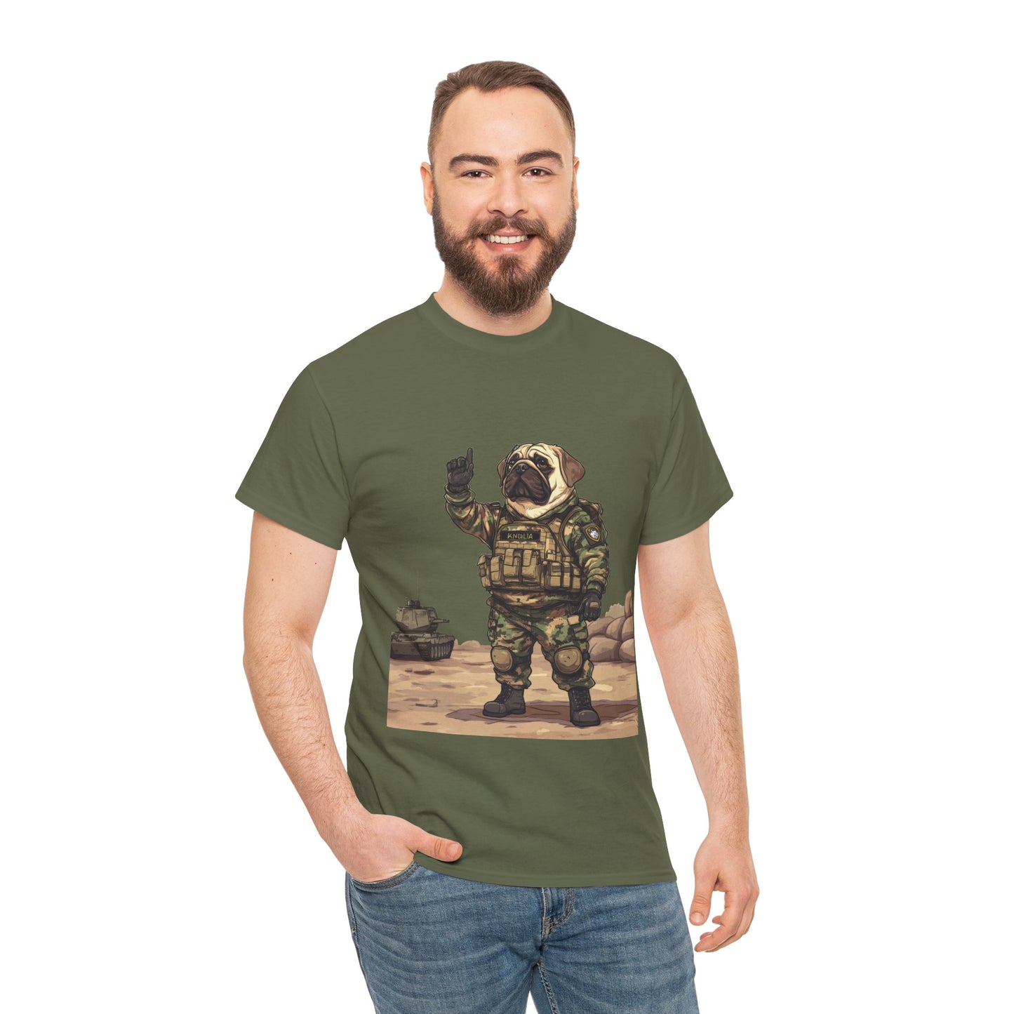 Cute Army Bulldog Tee, Funny Dog Army Pug Men's Heavy Cotton Tee, Pet Lovers Gift, Military Humor Clothing, Dog Dad T-Shirt