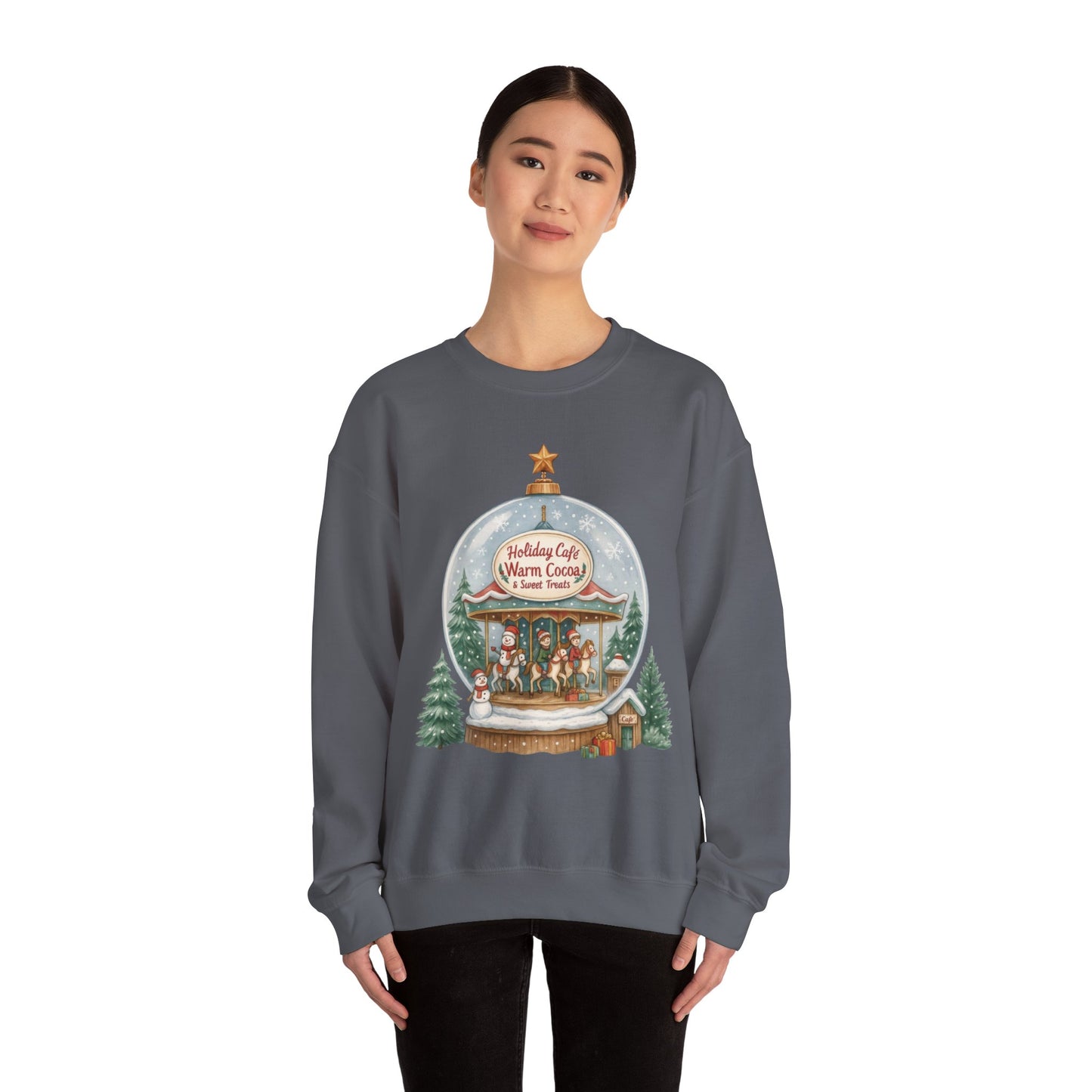 Holiday Café Christmas Sweatshirt, Warm Cocoa Snow Globe Pullover
