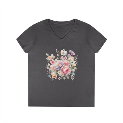 Pastel Floral Bouquet Ladies' V-Neck T-Shirt, Romantic Soft Vintage Flower Tee, Spring Fashion, Gift for Her, Everyday Wear