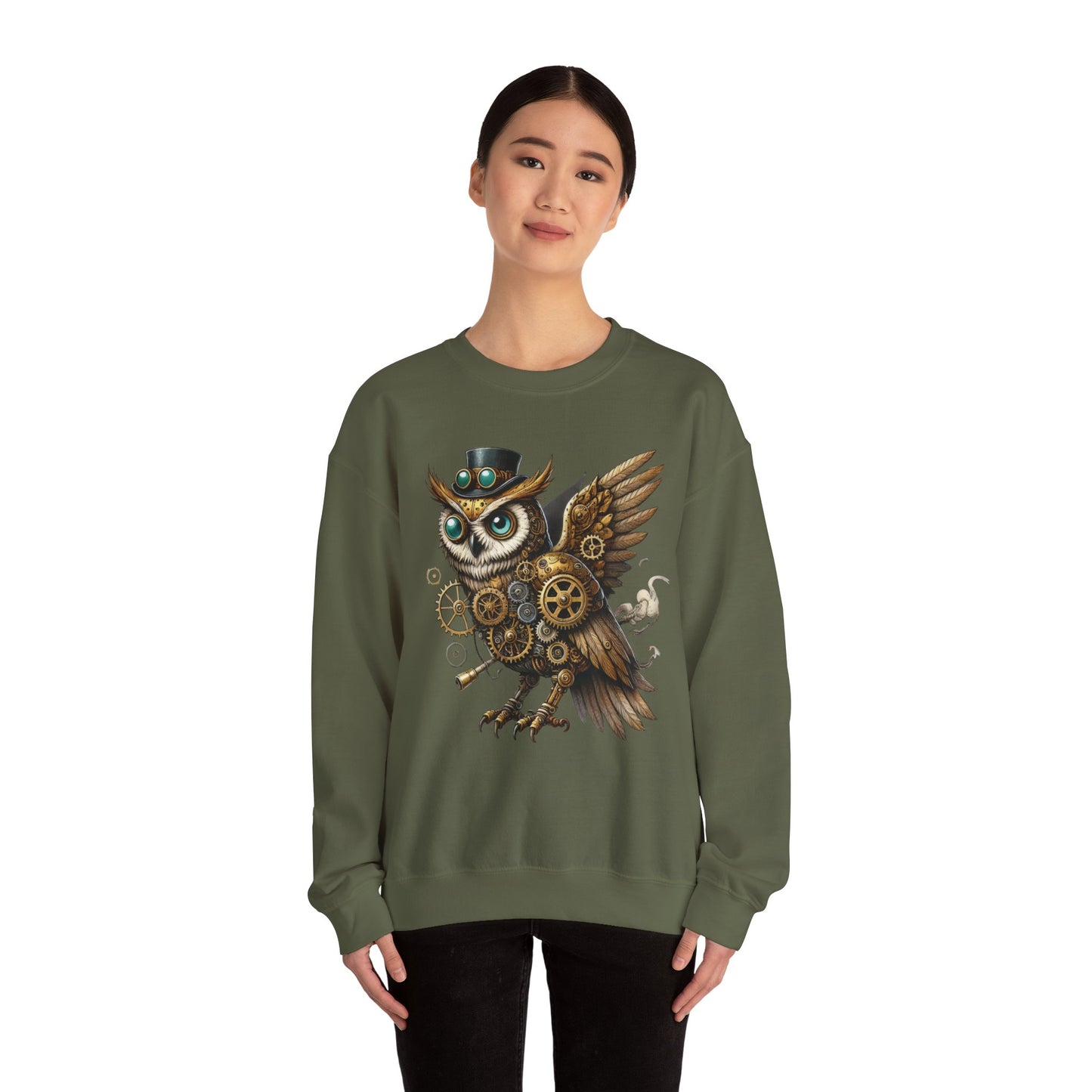 Steampunk Owl Unisex Crewneck Sweatshirt, Vintage Mechanical Gears Fantasy Bird Graphic Pullover, Gift for Owl Lovers