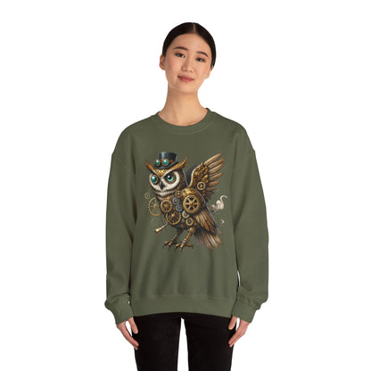 Steampunk Owl Unisex Crewneck Sweatshirt, Vintage Mechanical Gears Fantasy Bird Graphic Pullover, Gift for Owl Lovers