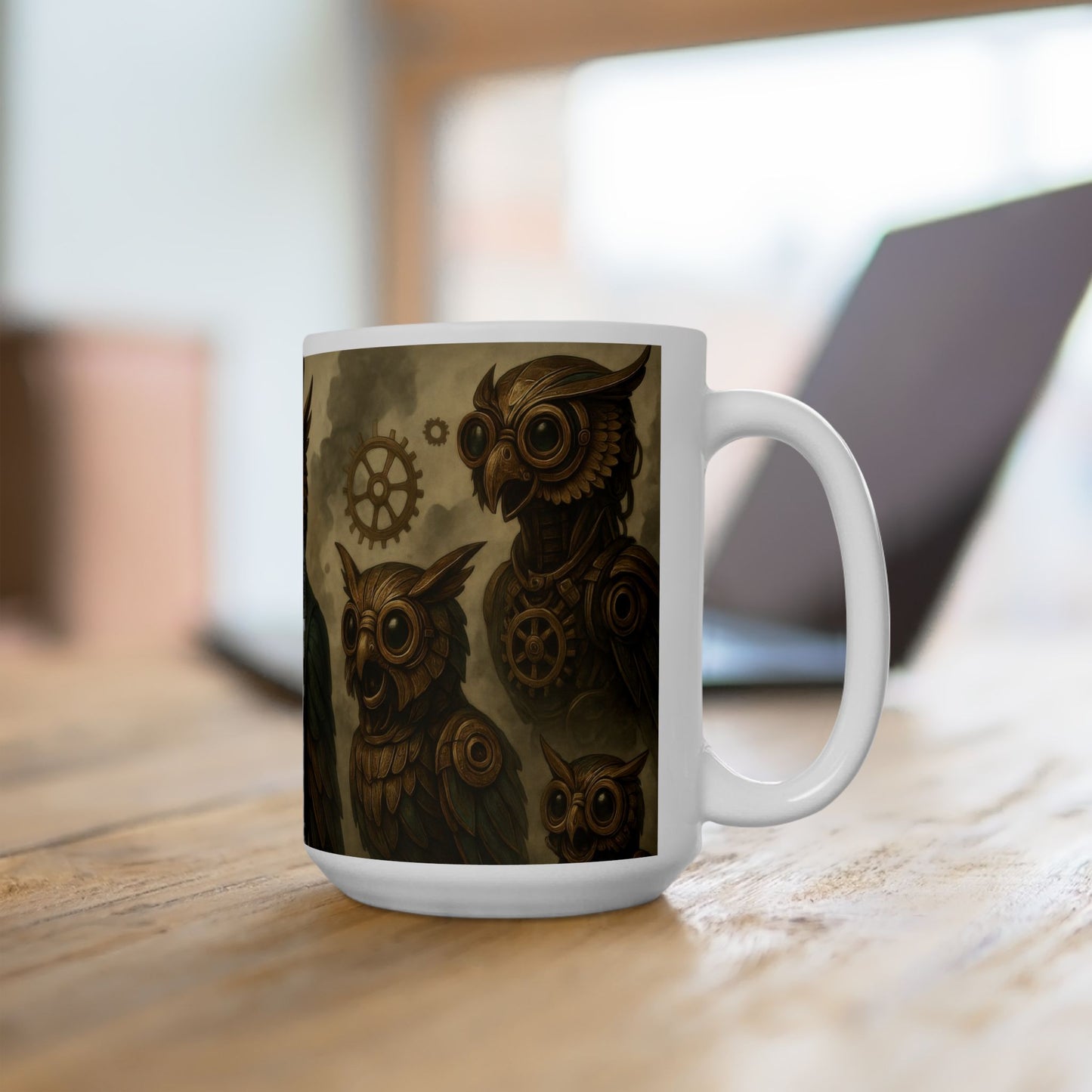 Steampunk Owl Mug, Victorian Mechanical Owl Coffee Cup, Brass Gear Owl Art, Industrial Fantasy Gift for Men & Steampunk Lovers, Mug, (15oz)