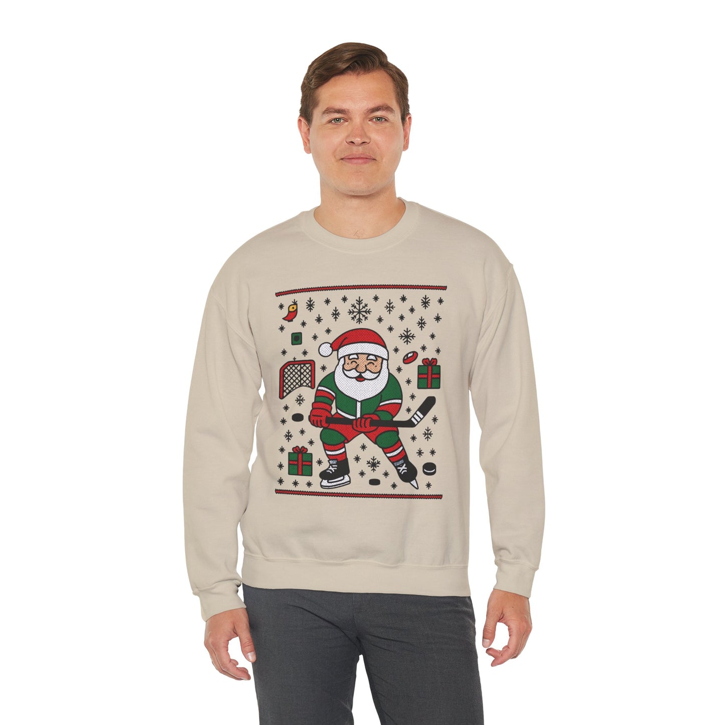 Hockey Santa Men's Christmas Sweatshirt, Funny Sports Holiday Jumper